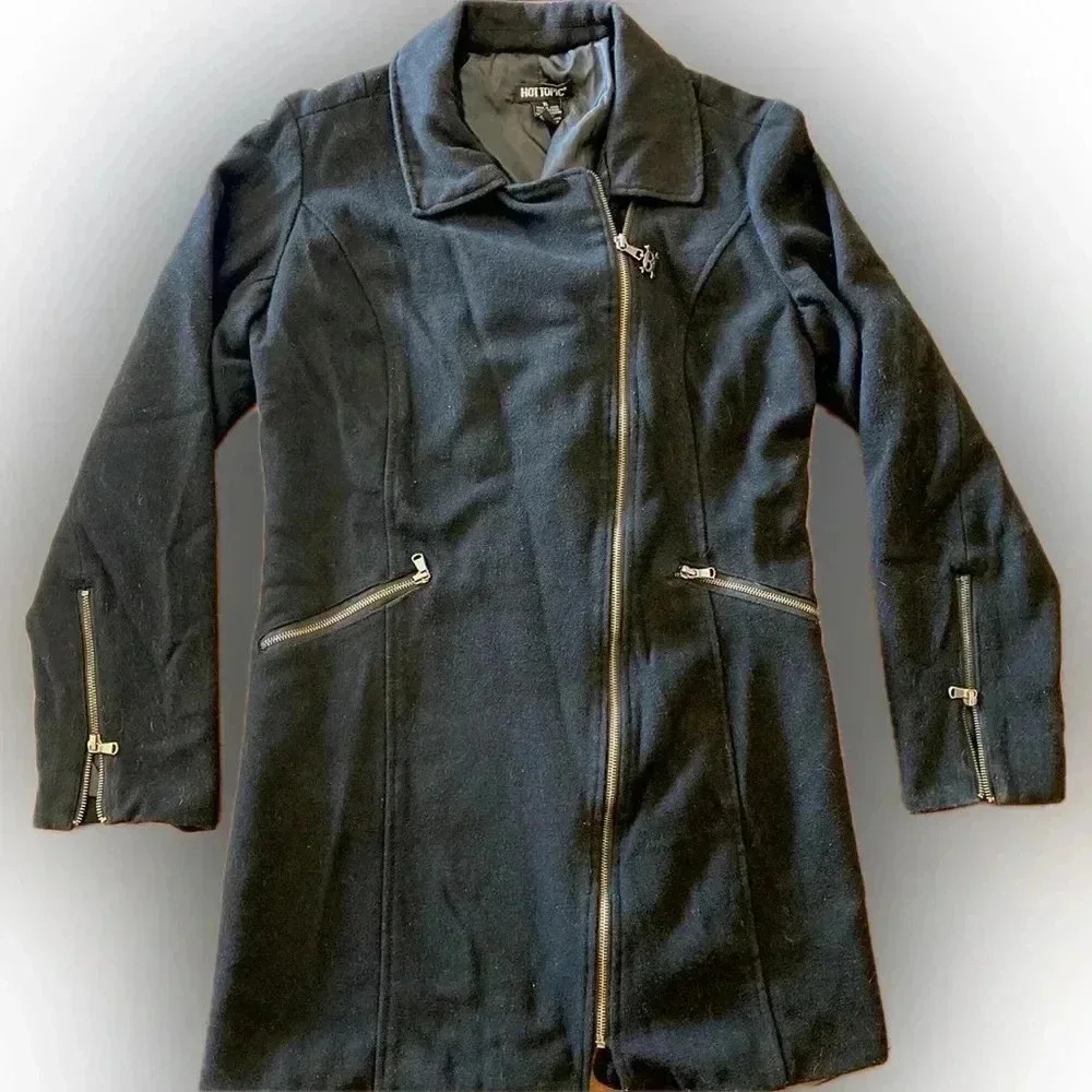 Hot Topic Goth Asymmetric Zip Wool‎ Trench Coat Corset Lace Up Back LG